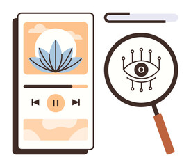 Smartphone interface featuring a lotus icon and playback controls next to a magnifying glass with digital eye graphic. Ideal for mindfulness, tech ethics, wellness, app design, tech solutions