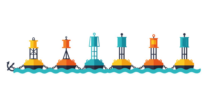 Colorful nautical buoys in flat design on ocean waves