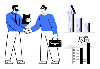 Two businessmen shaking hands, holding documents and briefcase. Growth bar chart, 5G building showcasing success, innovation. Ideal for technology, business, networking, partnerships development