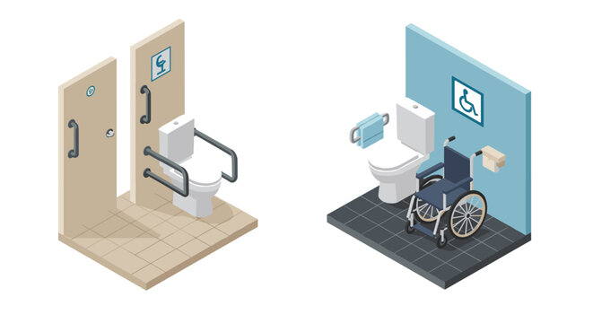 Accessible bathroom design with wheelchair and toilet with support rails - Powered by Adobe