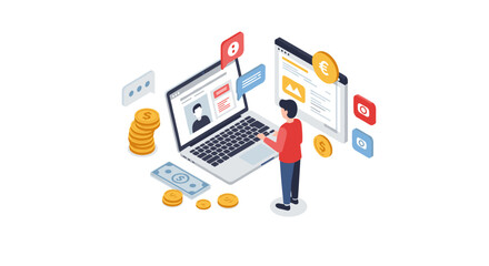 Digital banking and online payment concept isometric design with people and devices