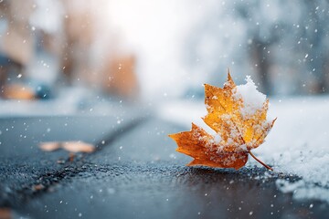 Golden autumn leaf dusted with fresh snow on wet pavement, a beautiful transition