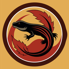 Obraz premium Illustration of a salamander surrounded by stylized flames on a vibrant background showcasing creativity and design