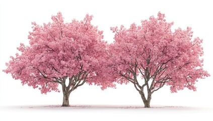 Two pink cherry blossom trees against white background