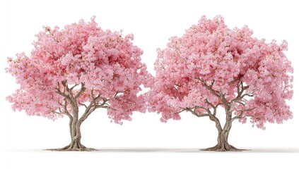 Two lush pink flowering trees against white