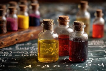Colorful liquids in small glass bottles on a chalkboard background
