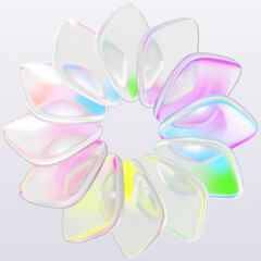 3d glass holographic flower of watercolor transparent petals on pastel light background. Abstract geometric circle of diamond shaped leaves, rainbow color gradient, pearlescent effect. 3D illustration