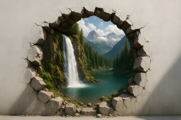3D Hole in Wall Illusion with a Scenic Waterfall and Mountain Lake Landscape © ranga