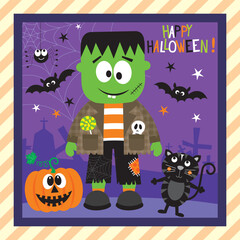 Frankenstein Halloween Illustration with Pumpkin and Black Cat