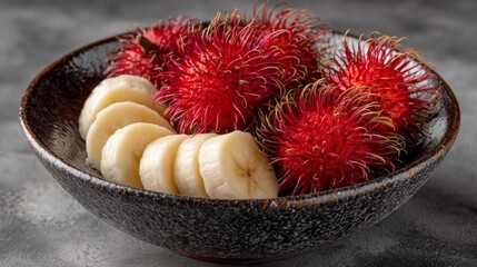 Ripe Rambutan and Banana Slices in Dark Bowl