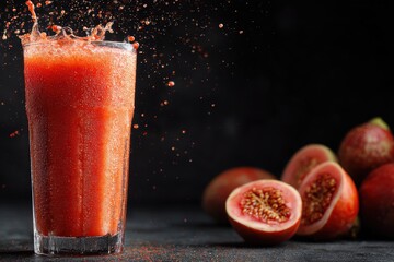 Refreshing Guava Juice with Splash and Juicy Guavas on Black Background