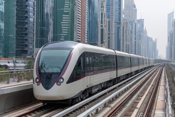 Modern light rail train on elevated tracks, amongst high-rise buildings in a city