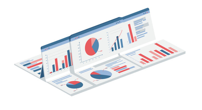 Isometric business analytics charts with laptops and infographics