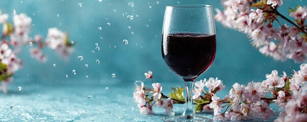 A glass of red wine, surrounded by delicate cherry blossoms, under a light rain