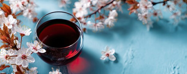 A glass of red wine beside spring blossoms on a light blue surface