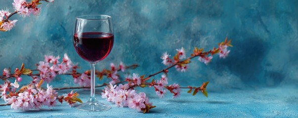 A glass of red wine with delicate cherry blossoms on a textured teal background