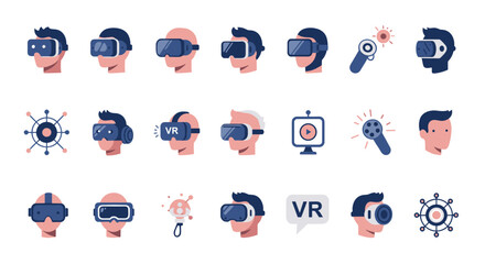 Virtual reality icons with headsets and controllers in flat design