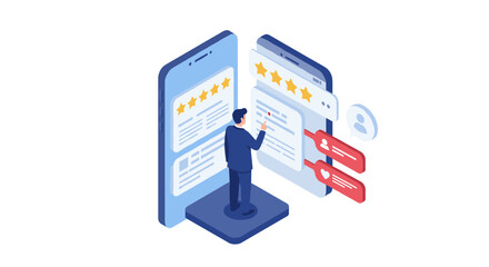 Isometric online review concept with ratings and user interaction