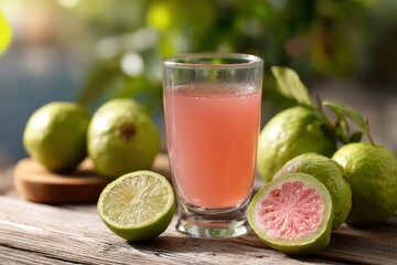 Fototapeta premium Refreshing Pink Guava Juice with Fresh Guavas on Wooden Table