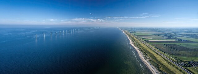 Aerial view of a coastal wind farm