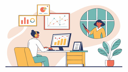 Person working at desk with charts and graphs on computer screen and video call in the background