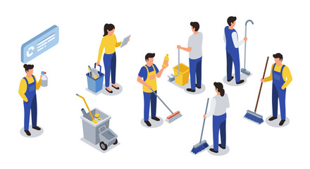 Isometric cleaning crew teamwork with tools for efficient workplace hygiene