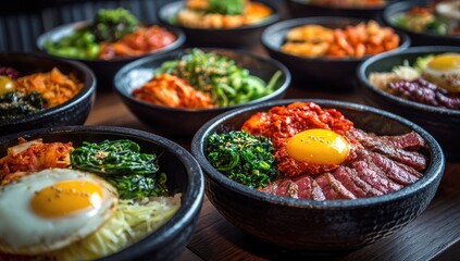 Fototapeta premium Multiple bowls of vibrant Korean Bibimbap