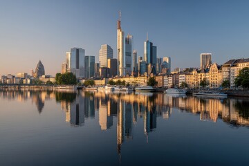 Naklejka premium Scenic Sunrise Over City Skyline with Reflection in Calm Water