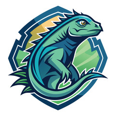 Stylized illustration of a vibrant green iguana with sharp features in a dynamic pose against a colorful background