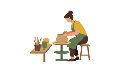 Artist sculpting clay on pottery wheel in minimalist studio setting
