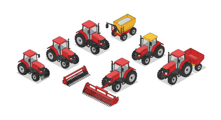 Obraz premium Isometric set of agricultural tractors and farm equipment