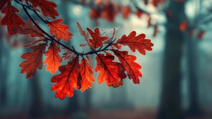 Red Oak Leaves Glistening with Dew in a Misty Forest