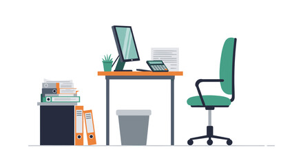 Minimalist office workspace with desk chair and computer in modern flat design