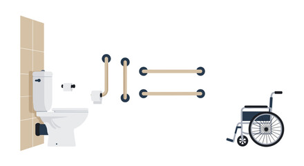 Accessible bathroom setup with safety bars and wheelchair for inclusivity
