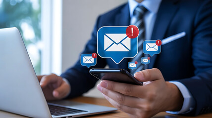 Businessman checking new email notifications on his smartphone while working on a laptop at his desk