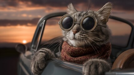 Humorous Cat Wearing Sunglasses and Scarf Leaning Out of Car Window at Sunset perfect for pet-themed campaigns, travel humor content, quirky greeting cards and lifestyle branding