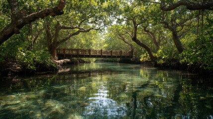 Fototapeta premium Wooden Bridge Over Calm Mangrove Water