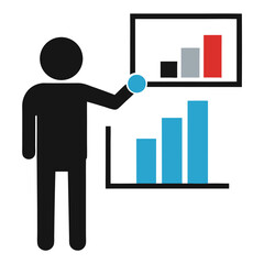 Person presenting a bar graph with increasing data on a whiteboard and a separate bar chart