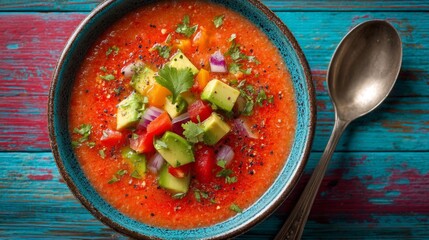 Vibrant Red Gazpacho Soup with Avocado and Herbs