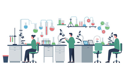 Fototapeta premium Modern flat style science lab with researchers and equipment in action