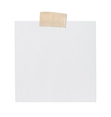 Empty note paper mockup. Message reminder card template isolated in transparent PNG. White paper with grunge ripped brown adhesive tape. Business office stationery object - isolated design element