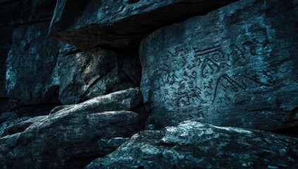 Ancient rock carvings, dark and mysterious