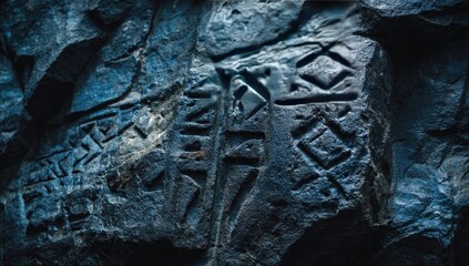 Close-up of dark, textured rock face with carved symbols (2)