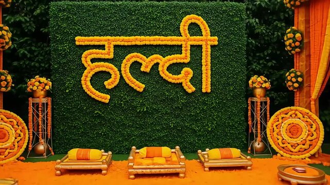 Vibrant Haldi Ceremony Setup with Yellow and Orange Floral Decorations on a Green Backdrop