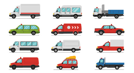 Colorful collection of flat delivery and transport vehicles