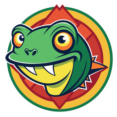 Colorful cartoon frog illustration with vibrant eyes and a playful expression in a circular design
