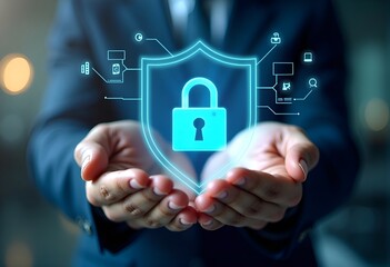  hands holding transparent shield with lock icons symbolizing cyber security, concept of digital protection and data safety