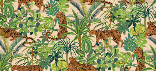 Bright vector seamless pattern with colorful tropical plants and flowers, palm leaves. Cute botanical contemporary endless background. Hand drawn unique print