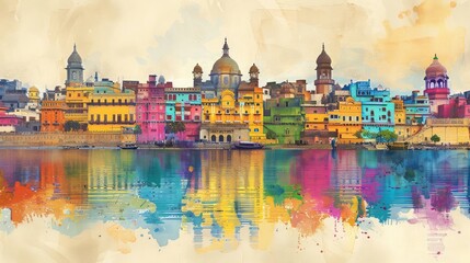 Obraz premium A vibrant watercolor painting of a colorful cityscape along a river. The buildings feature various hues, reflecting in the water. The scene captures a lively atmosphere.