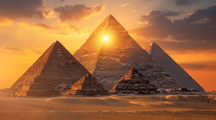 Three pyramids at sunset with a glowing sun in the background. The scene captures the ancient architecture and desert landscape of Egypt.